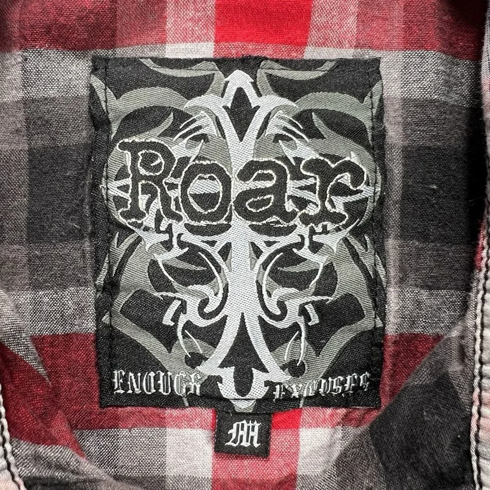 Roar‎ Buckle Button Up Shirt Mens Medium Red Black Plaid Y2K Western Embroidered